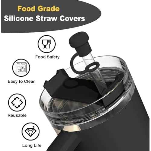 Straw Cover Cap for Stanley Cup, Straw Topper for Stanley 40oz, 30oz, 20oz, Stanley Cup Accessories Silicone Straw Cap Dust-Proof Protector Straw Lid for 0.4in/10mm Straws (Black)