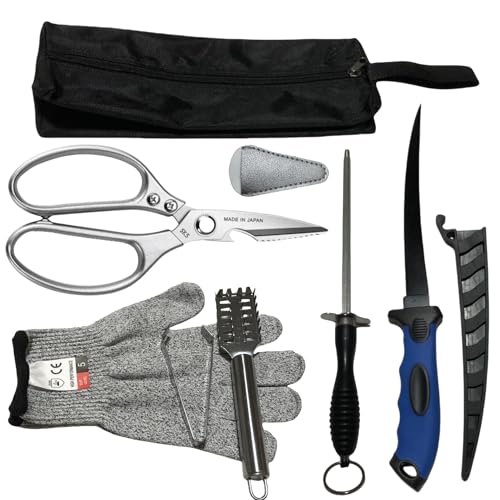 Fishing Knife Set 7PCS with Blue Variation, Fish Cleaning Kit, Fish Scale Brush, Gloves, Storage Bag