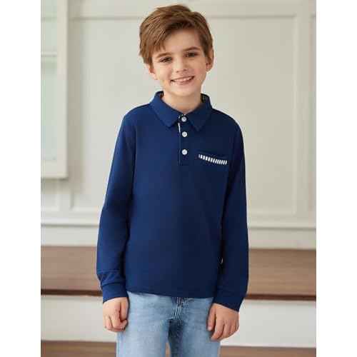 Arshiner Boy's Long Sleeve Plaid Trim Polo Shirt School Uniform Shirt with Pocket for 4-12 Years