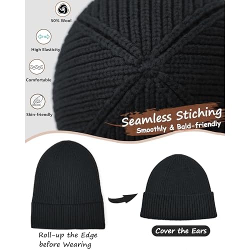 Wool Beanie for Men Women, Seamless Knit Cuffed Warm Winter Hats Fisherman Beanies Womens Ski Hat Skull Cap Unisex