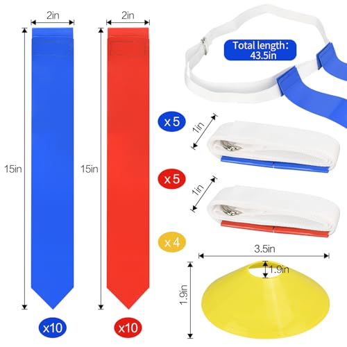 Flag Football Belts Set 10pcs with 20 Flags & Cones - Easy Tear Away Adjustable