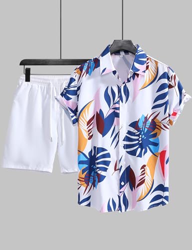 X-Large Men's Summer Tropical Print Short Sleeve Hawaiian Shirt and Shorts Set