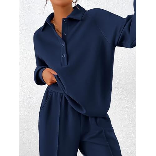 PRETTYGARDEN Women Fall 2 Piece Outfits Sweatsuits Quarter Button Long Sleeve Sweatshirt Wide Leg Pants Tracksuit Lounge Sets