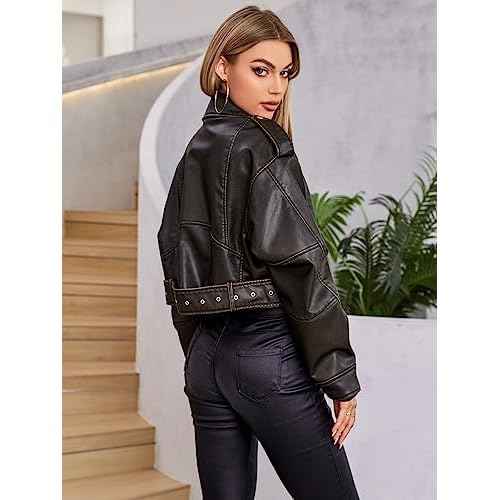 LY VAREY LIN Women Faux Leather Cropped Jacket Lapel Zipper Biker Short Coat with Belt