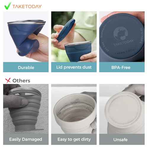 TakeToday Collapsible Travel Cup - Silicone Foldable Water Cup, BPA-Free with Lid & Waterproof Bag - Drinking Cup Set for Camping, Outdoors & International Travel£¨8 Oz, Navy£©