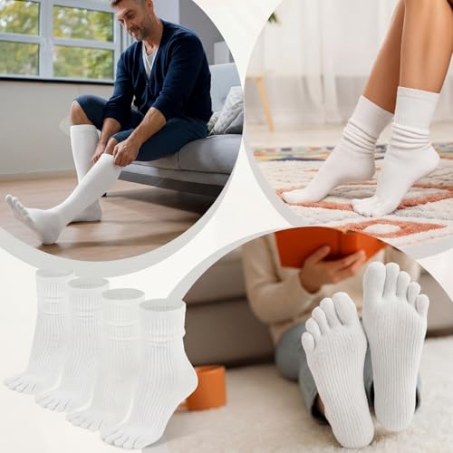 Janmercy 4 Pair Crew Five Toe Socks for Women Cotton White Solid