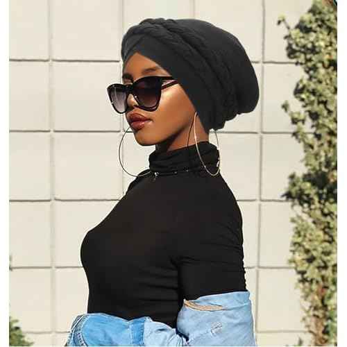 DRESHOW Turban Pre-Tied Twisted Braid Hair Cover Wrap Hat African Beanie Headwraps for Black Women Chemo Cancer Cap