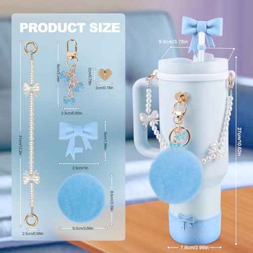 Stanley Cup Accessories Set for 40oz & 30oz Tumbler,Silicone Straw Cover, Cute Bow Charm,Handle Strap,Cup Ring,Plush Pendant,Silicone Stanley Boot,Heart Buttons (Light Blue)
