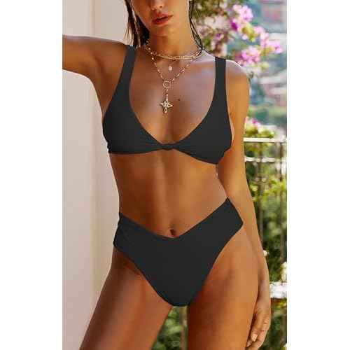 geluboao Bikini Set for Women Solid V Neck Knot Front Push Up High Leg Thong Two Piece Swimsuit