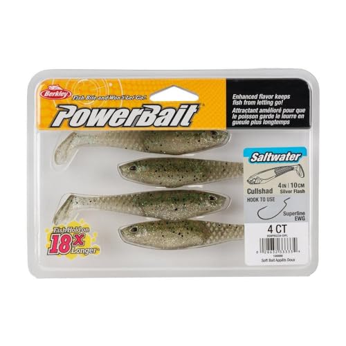 Berkley PowerBait Saltwater CullShad Fishing Bait, Silver Flash, 4in, Irresistible Scent and Flavor, Ideal for Bass, Redfish, Trout and More