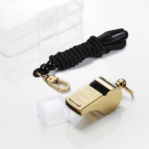 Golden Metal Whistle with Lanyard for Coaches Police - Large 130+dB Brass Ti-Gold Plated