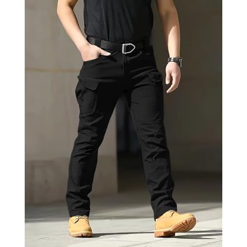 Men's Cargo Tactical Pants Work Hiking Trousers Waterproof Lightweight Elastic Waist for Travel with Pockets(No Belt)