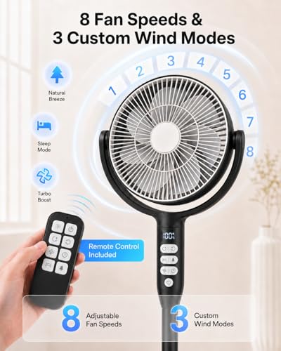 Cordless Rechargeable Pedestal Fan with Remote Control - Black, 12000mAh Battery