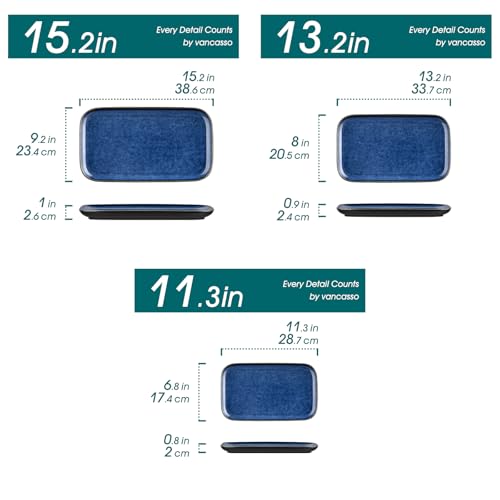 Vancasso Stern Serving Platters Set of 3 Blue Rectangular Trays - 11, 13, 15 Inches