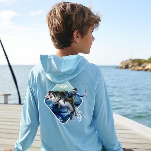 Palmyth Boys Fishing Shirt with UPF 50+ Sun Protection, Long Sleeve Hoodie - Ice Blue, Cowboy Master, Large