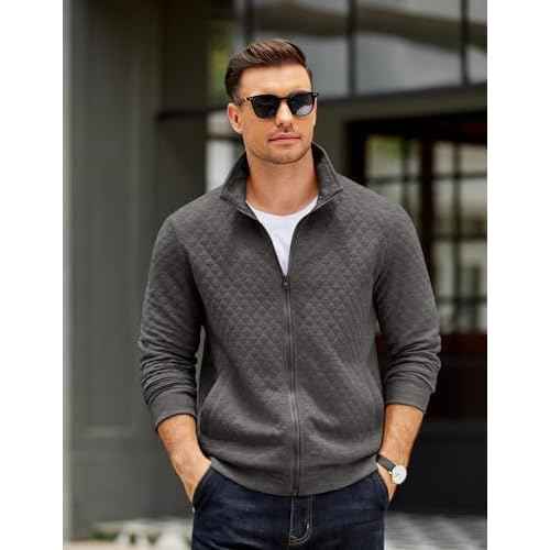 COOFANDY Mens Zip Up Sweatshirt Mock Neck Quilted Jacket Casual Lightweight Sweater Jackets with Pocket