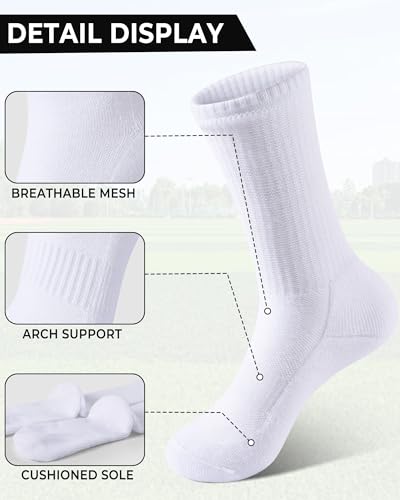 Kids Crew Socks Boys Girls Athletic Cushioned Running Socks 4-7 Years - White