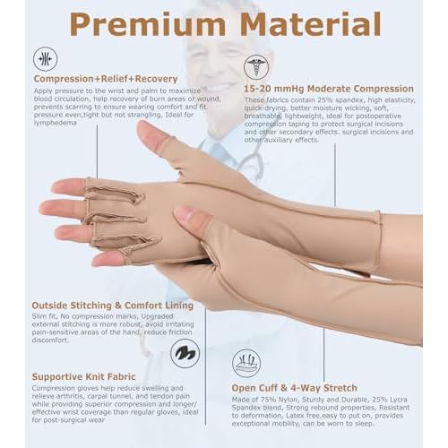 NURCOM Compression Arthritis Gloves, Rheumatoid Pain Relief Compression Gloves for Women & Men, Premium Fingerless Circulation Gloves for Arthritis & Joint Pain, Swelling, Tendonitis, 1 Pair Beige M