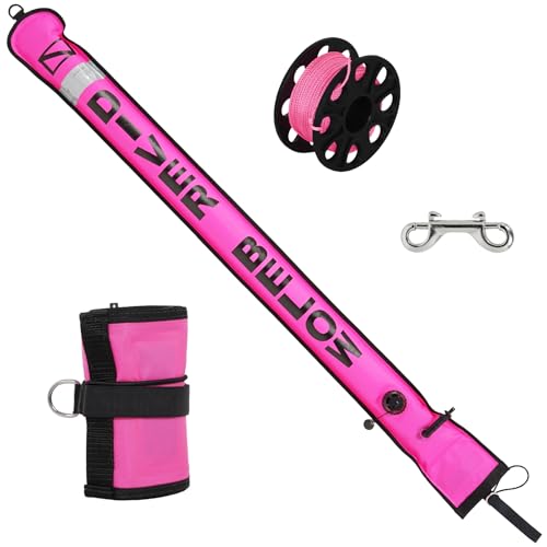 Pink 5ft Surface Marker Buoy Set with Reflective Strip and 100ft Reel for Diving