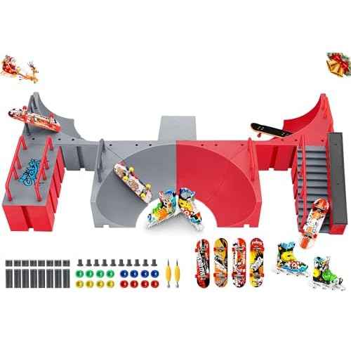 KETIEE Fingerboard Skate Park Kit: 17pcs Finger Skateboard Ramp Set with Exclusive 11 Ramps 4 Mini Skateboards & Roller Skates, Large Finger Skatepark Training Props Toys Gifts for Kids Ages 6 and up