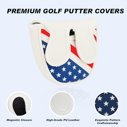 Center Shafted Mallet Putter Cover with USA Flag Design - Waterproof PU Leather Golf Head Cover for Men Women