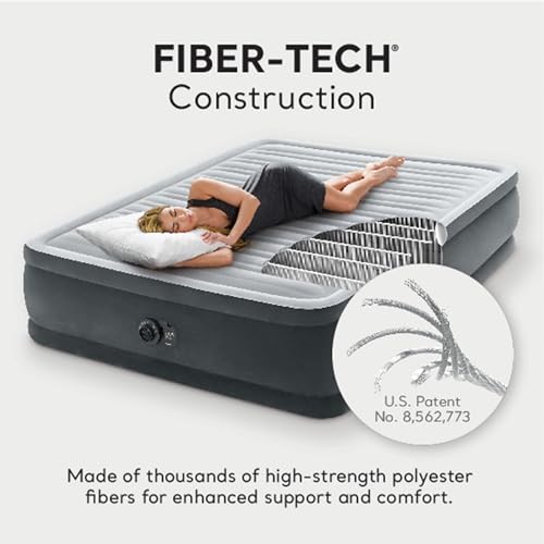 Intex Dura-Beam Deluxe Comfort-Plush Elevated: Fiber-Tech ? Queen Size ? Built-in Electric Pump ? 18in Bed Height ? 600lb Weight Capacity