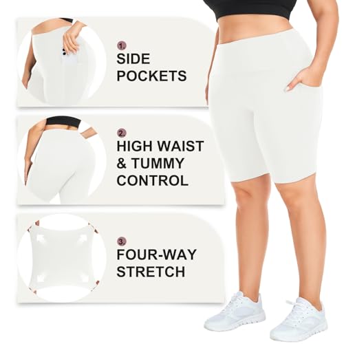 Plus Size Biker Shorts with Pockets for Women High Waisted Tummy Control Black Yoga Pants XL-4XL