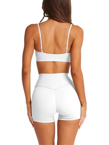 LASLULU Womens Spaghetti Straps Sports Bra Square Neck Workout Crop Top - Small White