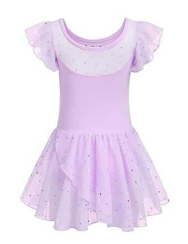 Girls Ballet Leotard with Ruffle Sleeves and Sparkle Details - Light Purple, 8-9 Years