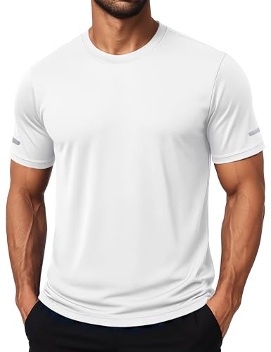 Men's Workout Shirt Short Sleeve Sun Protection UPF 50+ Athletic Tee Large White