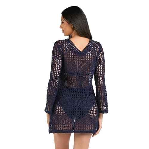 La Blanca Women's Long Sleeve Mini Dress Swimsuit Cover Up, Indigo//Waverly Covers, Large