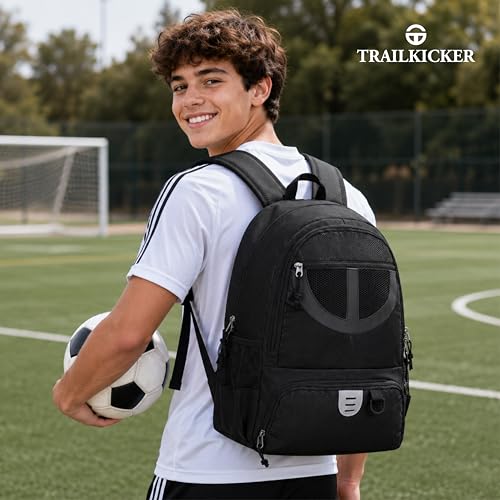Large Black Sports Backpack with Ball & Shoe Compartments - Lightweight & Breathable