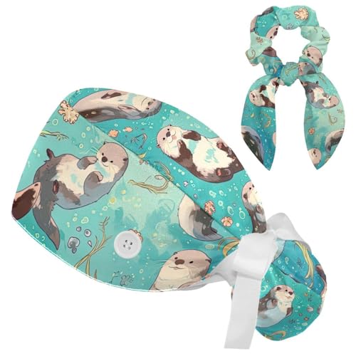 Scrub Caps Women, Adjustable Surgical Caps with Ponytail Pouch, Working Cap with Bow Hair Scrunchy, Bouffant Hat with Buttons, Otter Ocean Animal Cartoon Cute Turquoise