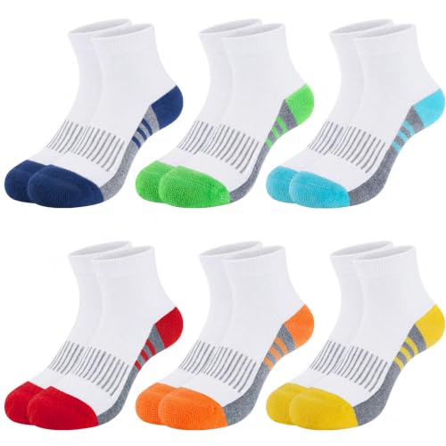 Boys Cotton Cushioned Quarter Ankle Athletic Socks - Medium-Large 6 Pairs Multicolor B