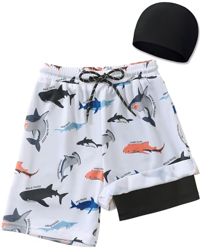 Boys Swim Trunks Compression Liner Swimsuit Shorts - Shark, 10-12 Years