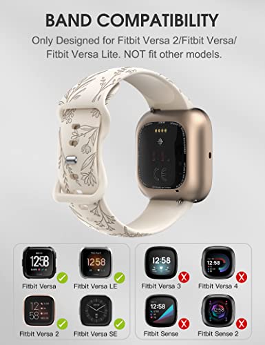 Minyee Floral Engraved Silicone Watch Band for Fitbit Versa 2 - Starlight & Nude & Brown