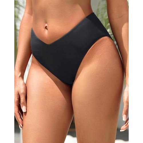 Zmart Women V Cut Cheeky Bikini Bottoms - Mid Waist High Cut Swim Bathing Suit Bottoms V Front Swimsuit