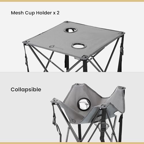 Portable Camping Folding Table - 26 Inch Square with 2 Cup Holders, Steel Frame, Grey