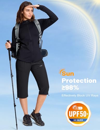 Women's Black Medium Cargo Capri Pants with 5 Pockets - Lightweight Quick Dry UPF 50+ Summer Travel Golf Casual