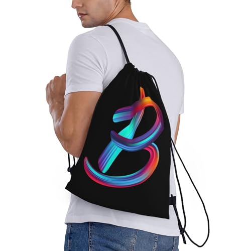 Black Drawstring Backpack with Rainbow Initial - M 19.6x16.5 Inch Sports Gym Travel Sackpack