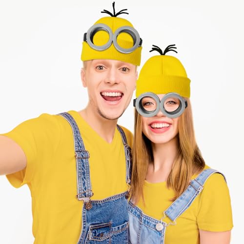 3 Pcs Halloween Costume Accessories Adult,Goggles Glasses/Yellow Beanie/Gloves for Men Women Cosplay Party Set