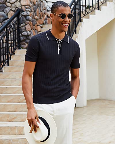 Men's Vintage Knitted Polo Shirt Short Sleeve Solid Collared Golf Top - Large Black