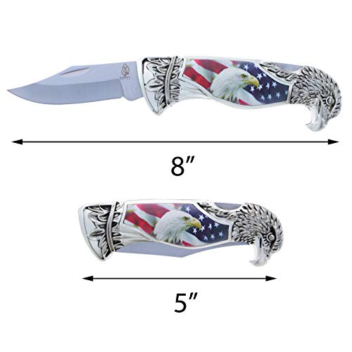 Patriotic American Flag Pocket Knife with Eagle Handle - 8 Inch Locking Collectible