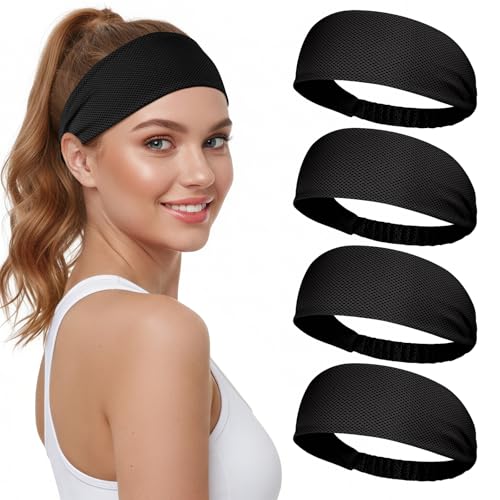 Cooling Headbands for Women Black, Non-Slip Moisture-Wicking Sports Headbands - 4 Pack