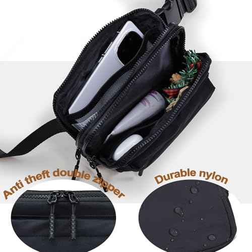 Crossbody Bags for Women & Fanny Pack for Men, Lightweight Adjustable Strap Belt Bag for Travel, Running, Hiking with Multiple Pockets, Black