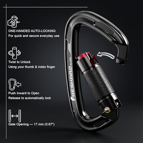 Black 4-Pack Climbing Carabiners 25kN Twist Auto Lock Aluminium Lightweight