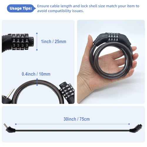 Bike Lock Cable, 30-inch Combination Lock, 4-Digit Resettable, Black