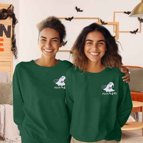 Halloween Nurse Ghost Sweatshirt Women Embroidered Nurse Sweatshirts Spooky Nurse Pullover Boo Crewneck Tee Top