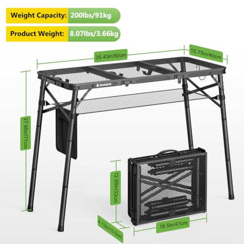 Portable Folding Camping Grill Table - 35x16 Inch, Adjustable Height, Lightweight, Rust-Resistant Outdoor Table, Black