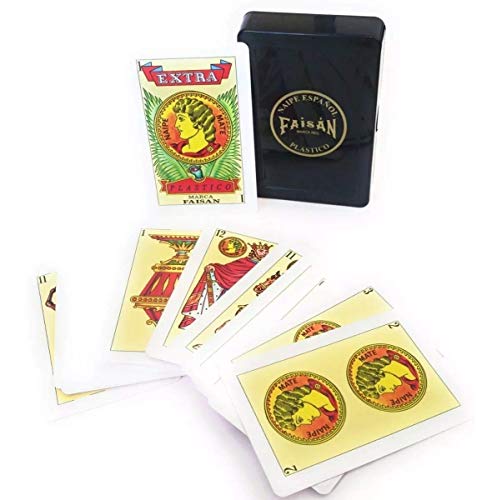 Spanish Plastic Playing Cards - 40 Card Deck for Card Games, Black Case